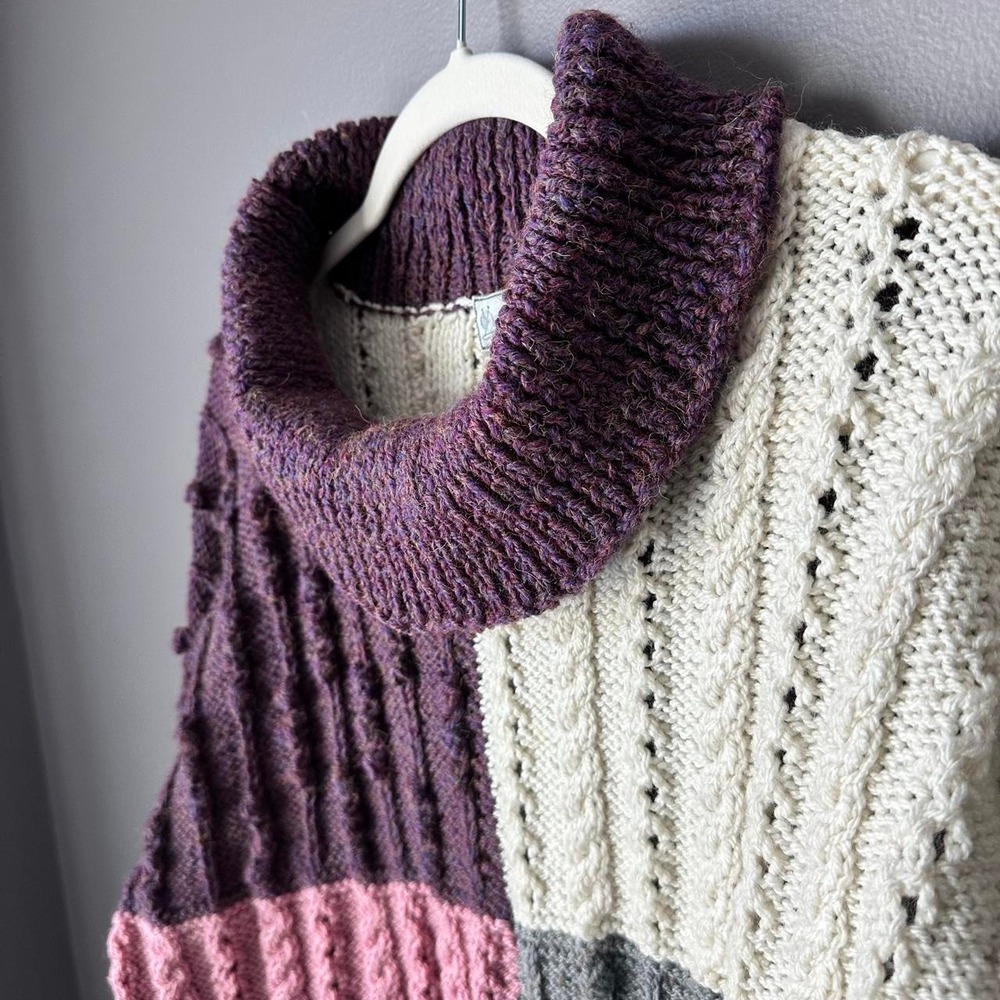Vintage Handmade Cable Knit Sweater Womens L Purple Color Block - Picture 4 of 8